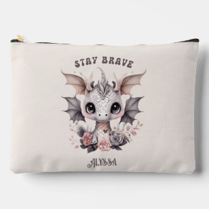 Whimsical "Stay Brave" Little Dragon with Flowers  Accessory Pouch