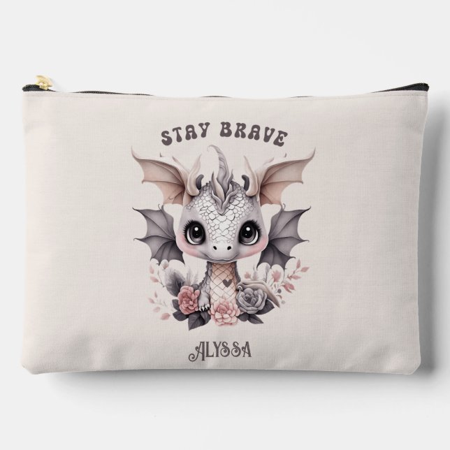 Whimsical "Stay Brave" Little Dragon with Flowers  Accessory Pouch (Front)