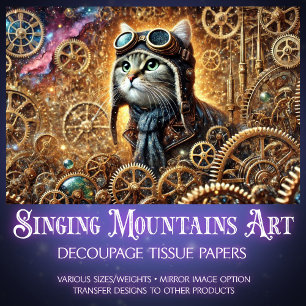 Whimsical Steampunk Cat Cosmic Journey Decoupage Tissue Paper