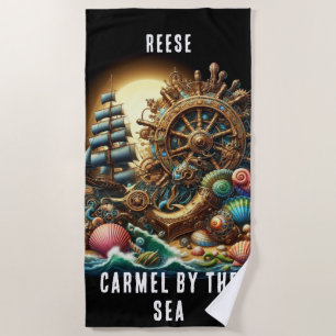 WHIMSICAL STEAMPUNK DEEP SHIPS WHEEL BEACH TOWEL