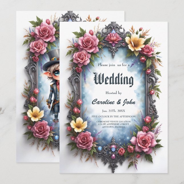 Whimsical Steampunk Elf Wedding Invitation (Front/Back)