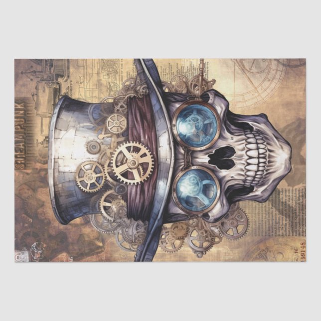 Whimsical Steampunk Mechanical Skull Tissue Paper (Front)