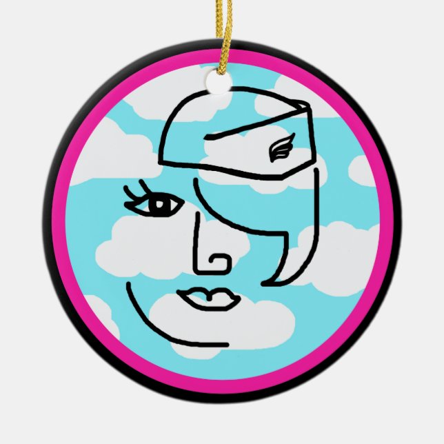 Whimsical Stewardess Design Hot Pink & Black Ceramic Tree Decoration (Front)