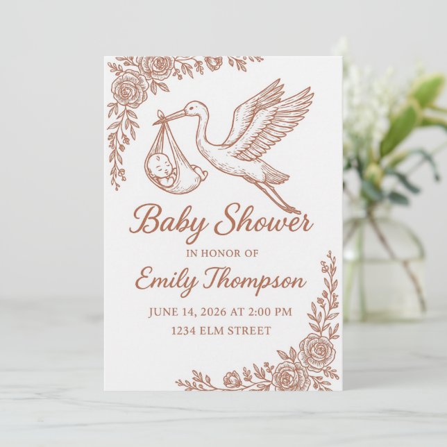 Whimsical Stork & Floral Rustic Invitation (Standing Front)