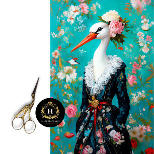 Whimsical Stork in Floral Dress Elegant Decoupage Tissue Paper