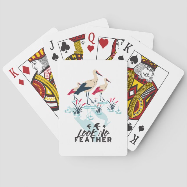 Whimsical Stork Pun Art - 'Look No Feather' Playing Cards (Back)