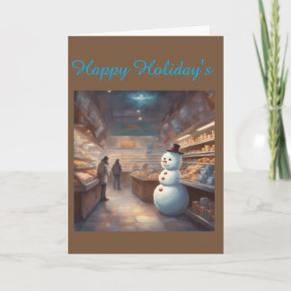 Whimsical Storybook Snowman in a grocery store Card