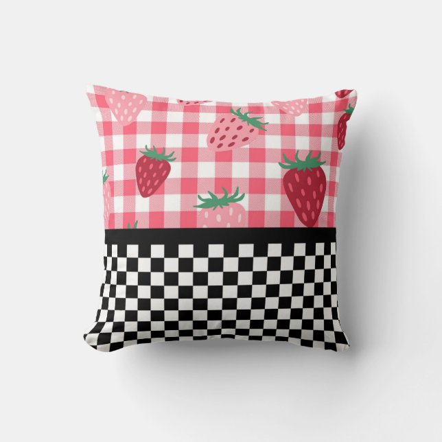 Whimsical Strawberries and Chequerboard Cushion (Front)
