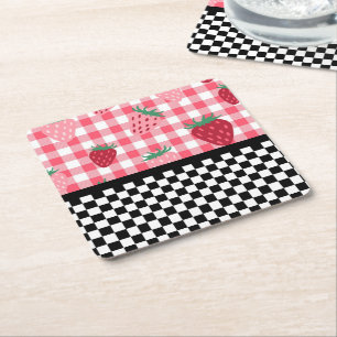 Whimsical Strawberries and Chequerboard  Square Paper Coaster