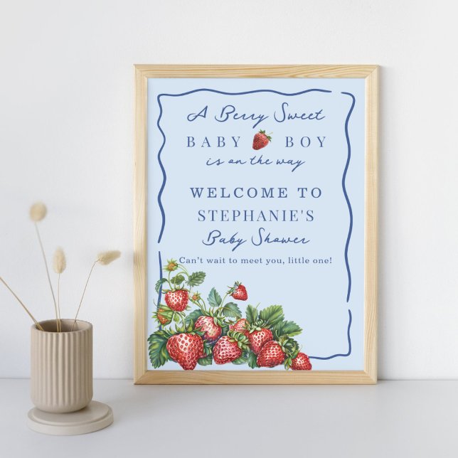 Whimsical Strawberry Blue Baby Shower Welcome Sign (Creator Uploaded)