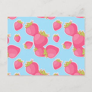 Whimsical Strawberry Pattern on Blue Postcard