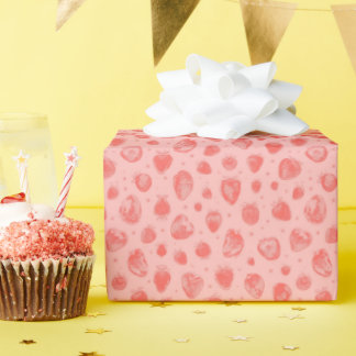 whimsical strawberry pattern on pink wrapping paper