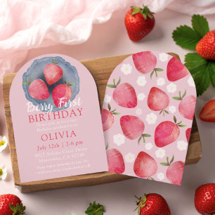Whimsical Strawberry Red & Pink 1st Birthday  Invi Invitation