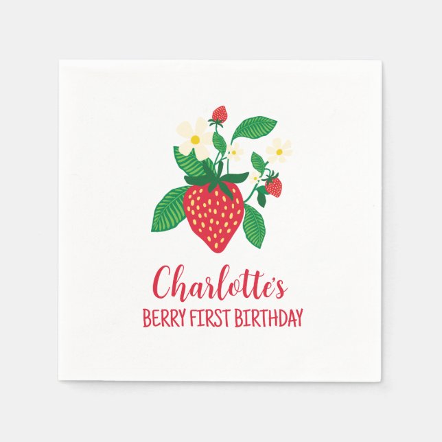 Whimsical Strawberry with Floral Details Napkin (Front)