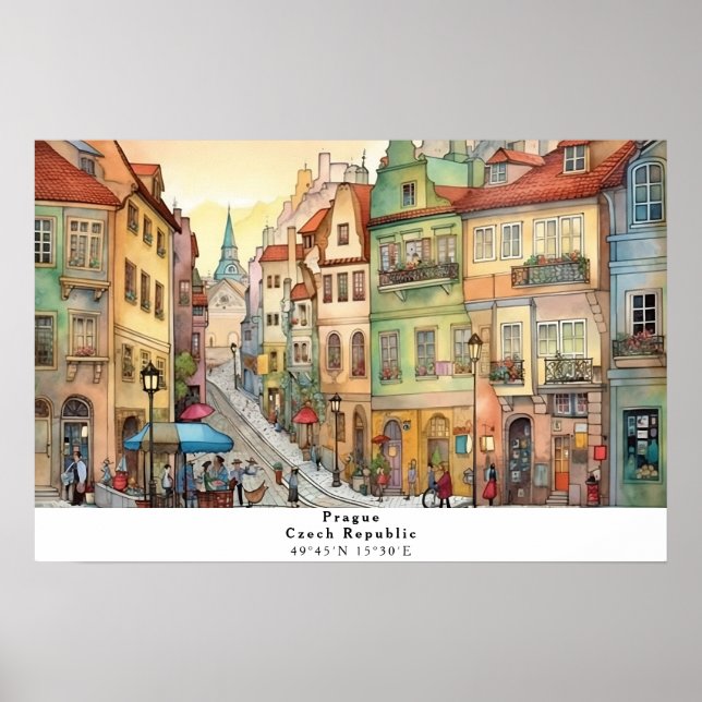 Whimsical Street View of Prague AI Art Poster (Front)