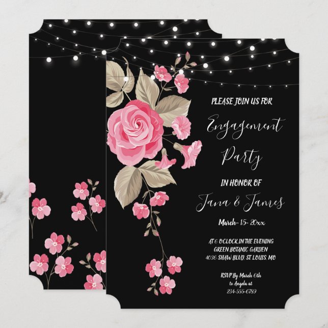 Whimsical String Lights Black Engagement Invitation (Front/Back)