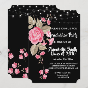 Whimsical String Lights Black Graduation Invitation