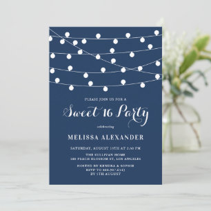 Whimsical String Lights Navy Blue Sweet 16 Party Invitation