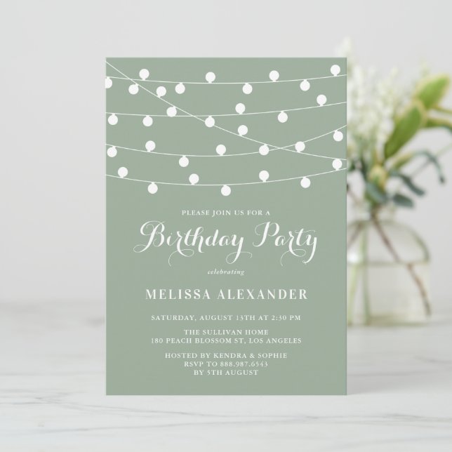 Whimsical String Lights Sage Green Birthday Party Invitation (Standing Front)