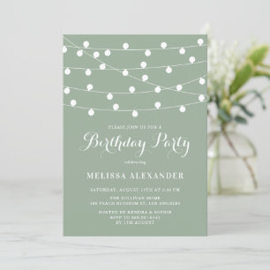 Whimsical String Lights Sage Green Birthday Party Invitation