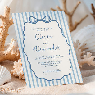 Whimsical Stripe Bow Dusty Blue Ivory Wedding Invitation