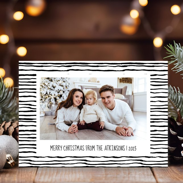 Whimsical Stripes Black White Photo Christmas Holiday Card (Creator Uploaded)