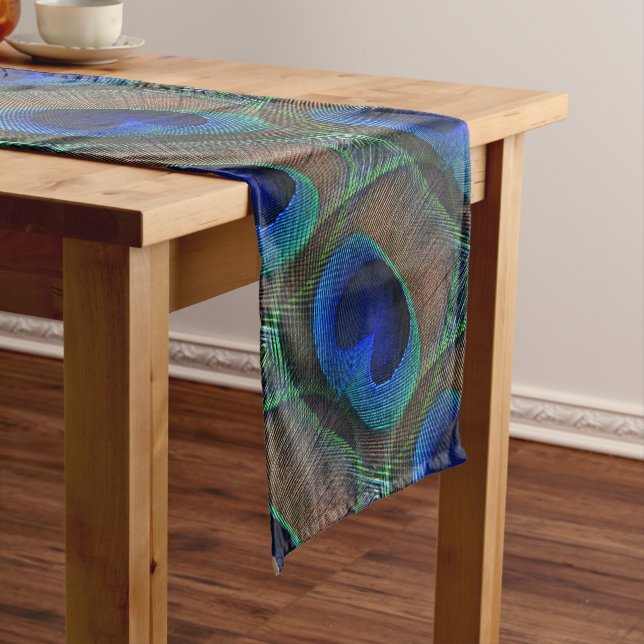 Whimsical Stylish Pretty Peacock Feather Pattern Short Table Runner (In Situ)