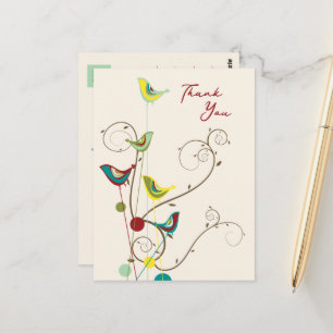 Whimsical Summer Bird and Swirls Modern Thank You Postcard