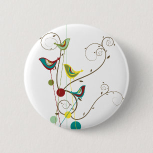 Whimsical Summer Birds Swirls Modern Nature Vines 6 Cm Round Badge