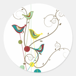 Whimsical Summer Birds Swirls Modern Nature Vines Classic Round Sticker