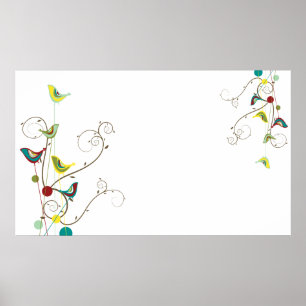 Whimsical Summer Birds Swirls Modern Nature Vines Poster
