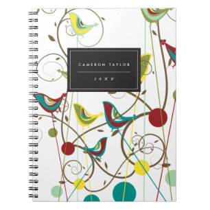 Whimsical Summer Birds Swirls Modern Nature Vines Spiral Notebook