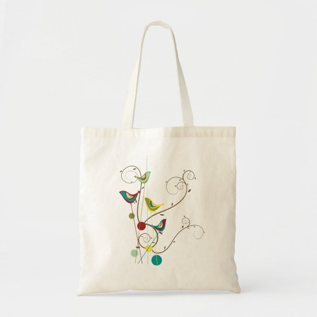 Whimsical Summer Birds Swirls Modern Nature Vines Tote Bag (Front)