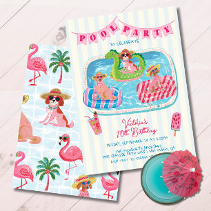 Whimsical Summer Dogs Pool Birthday Party Invitation