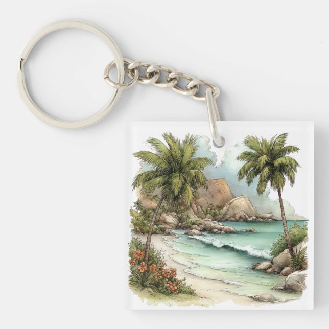 WHIMSICAL SUMMER SANDY BEACH SCENE KEY RING (Front)