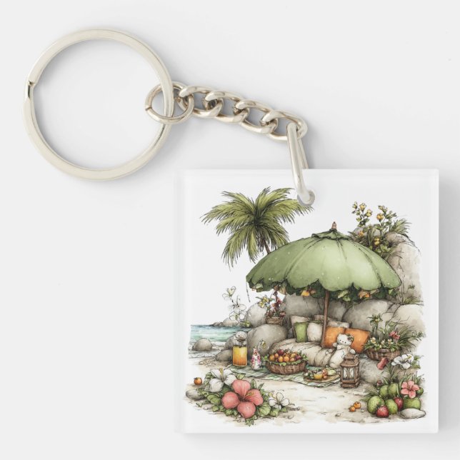 WHIMSICAL SUMMER SANDY BEACH SCENE KEY RING (Front)