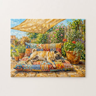 Whimsical Summer Terrace Mops Dog Illustration Jigsaw Puzzle