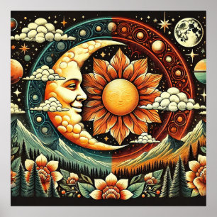 Whimsical Sun and Moon in a Surreal Cosmic Poster