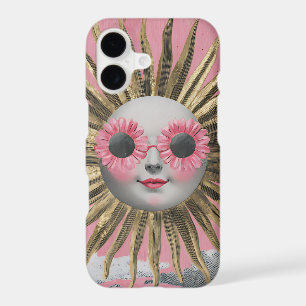Whimsical Sun Face with Pink Flower Sunglasses