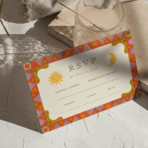 Whimsical Sun & Moon Funky Border Wedding RSVP Card