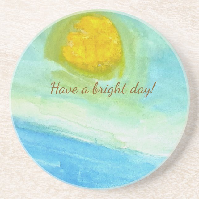 Whimsical Sun Watercolor "Have a Bright Day" Coaster (Front)