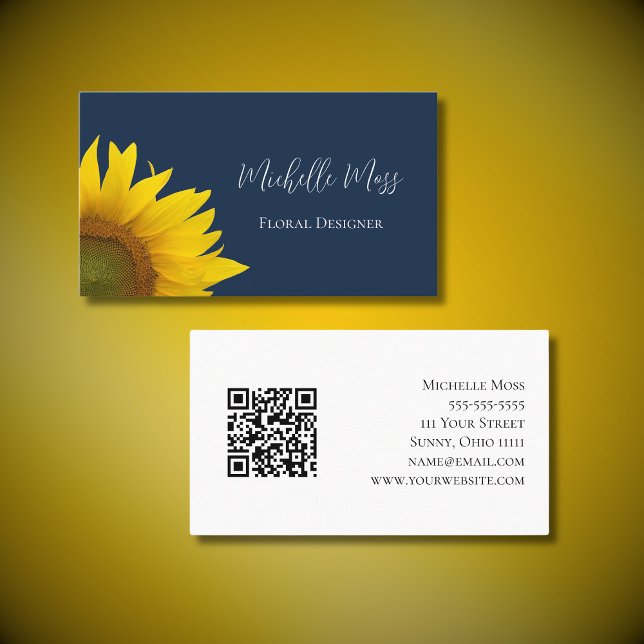 Whimsical Sunflower QR code Navy Blue Business Card (Creator Uploaded)