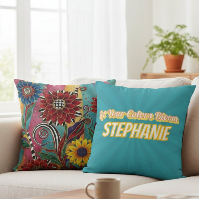 Whimsical Sunflower Throw Pillow – Bold Boho Gift (Bright whimsical personalized pillow)