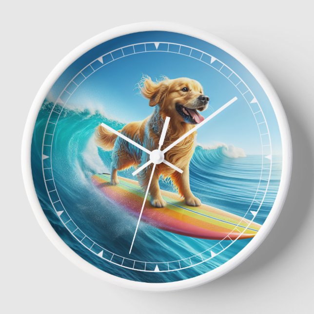 Whimsical Surfing Golden Retriever  Clock (Front)