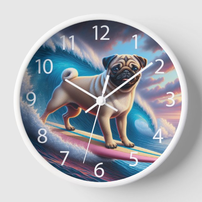 Whimsical Surfing Pug Clock (Front)