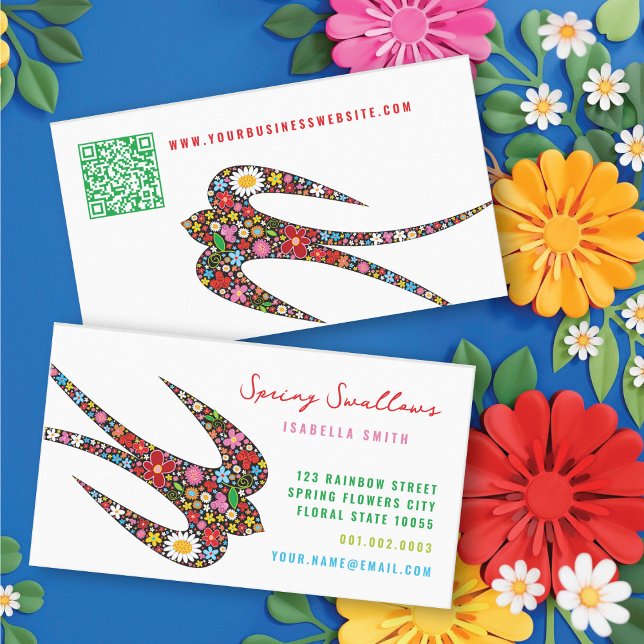 Whimsical Swallow Bird And Colourful Spring Flower Business Card (Whimsical Swallow Bird And Colorful Spring Flowers Business Card @ fatfatin)