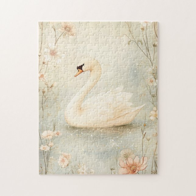 Whimsical Swan with Flowers Illustration Jigsaw Puzzle (Vertical)
