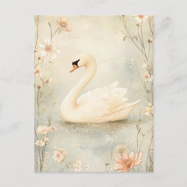 Whimsical Swan with Flowers Illustration Postcard (Front)