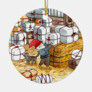 Whimsical Swedish Tomten Watercolor Christmas  Ceramic Tree Decoration