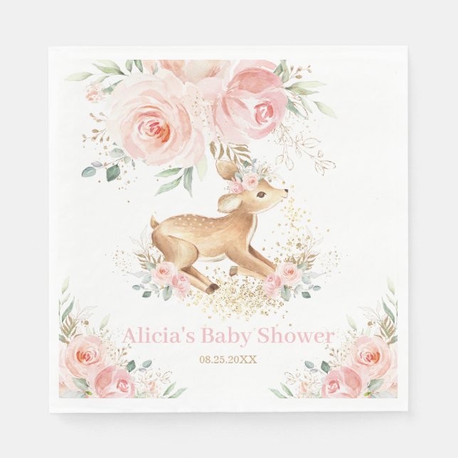 Whimsical Sweet Deer Blush Floral Baby Shower  Napkin (Front)